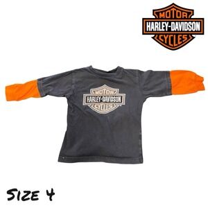 Harley-Davidson Motorcycle T-Shirt Size 4 Black Orange Logo Kids Long Sleeve